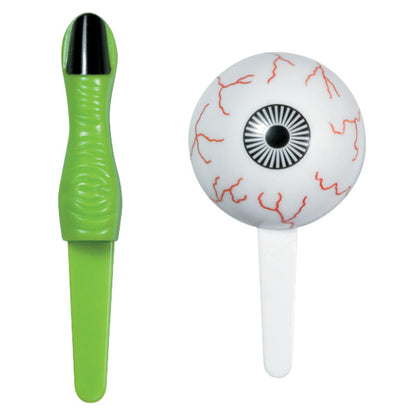 Green monster finger and bloodshot eyeball cupcake picks shown side by side.
