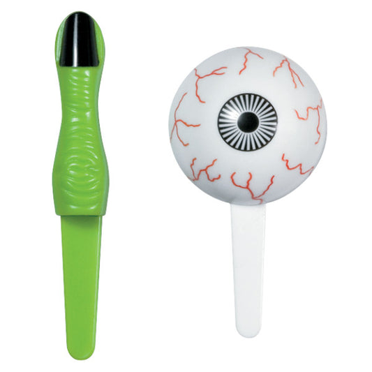 Green monster finger and bloodshot eyeball cupcake picks shown side by side.