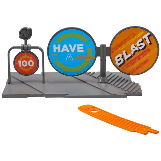 Nerf cake topper set featuring three colorful targets with playful "Have a Blast" and "100" graphics, including an orange launcher accessory, perfect for decorating Nerf-themed cakes.