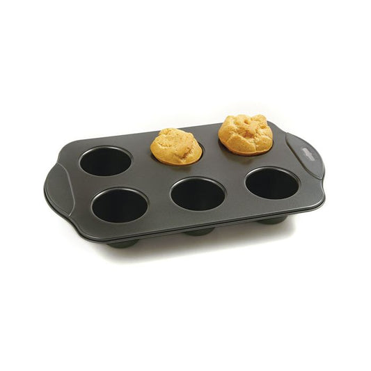 Nonstick popover pan with six deep wells and wide handles, shown with two baked popovers.