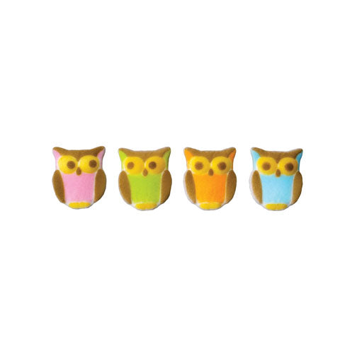 Set of four colorful owl pressed sugar cake decorations, each 1.25 inches, in pink, green, orange, and blue designs.
