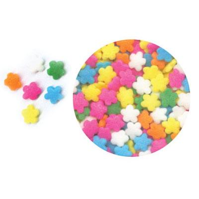 Colorful pastel flower-shaped sprinkles in pink, blue, yellow, white, and green, sold in a 1/4 lb container.