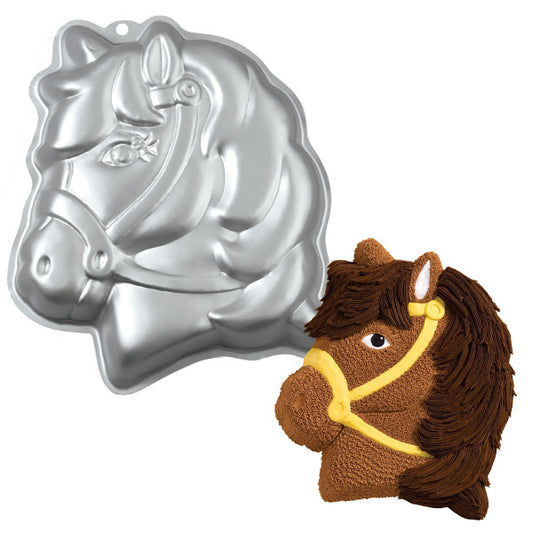 Aluminum pony-shaped cake pan with detailed facial features, shown next to a decorated cake resembling a brown pony with a yellow bridle and piped mane