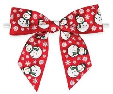 Red pre-tied holiday bow with printed snowmen and white snowflakes, featuring an attached twist tie on the back for securing to treat bags or packaging.
