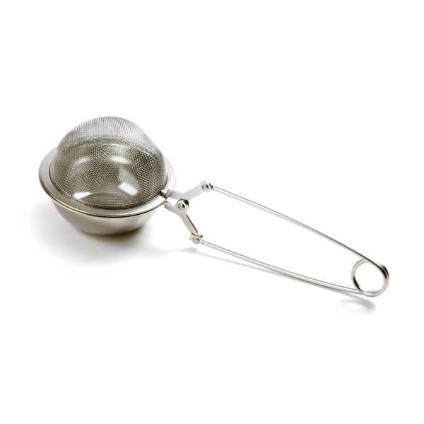 Stainless steel flour or sugar duster with mesh ball and spring-handle design for baking and pastry decorating.