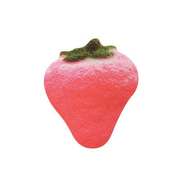 Single 1-inch pressed sugar decoration shaped like a red strawberry with a green top, used for decorating cakes, cupcakes, or cookies.