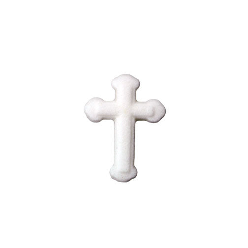 White pressed sugar cross decoration measuring 1.25 inches tall, with rounded ends on each arm, designed for cakes, cupcakes, and cookies.