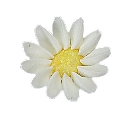 White daisy royal icing decoration, 1.25 inch, with crisp white petals and a bright yellow textured center, edible flower for cakes and cupcakes