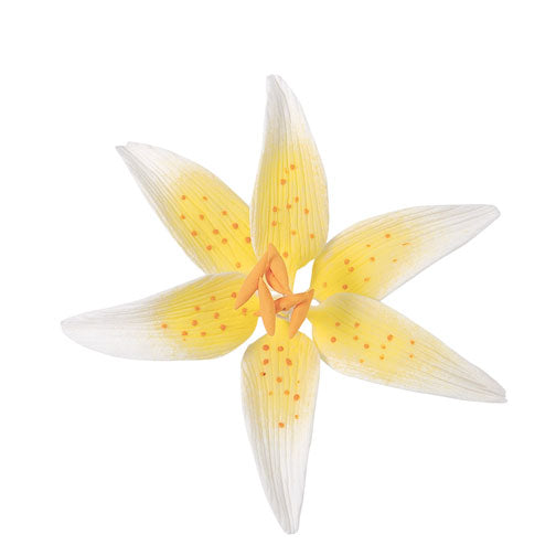 Yellow stargazer lily gum paste flower with white-tipped petals, orange speckles, and wire stem for cake decorating.